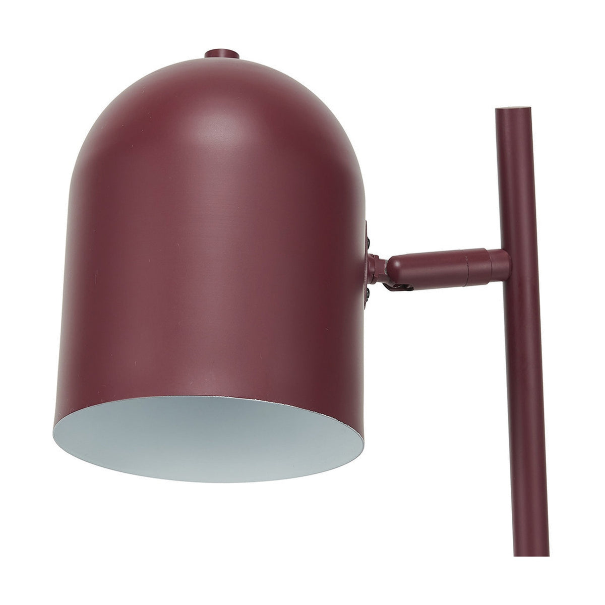 Finn Mulberry Red Metal Cloche Headed Table Lamp with dome-shaped shade, adjustable arm, and slim vertical stem on a plain white background.