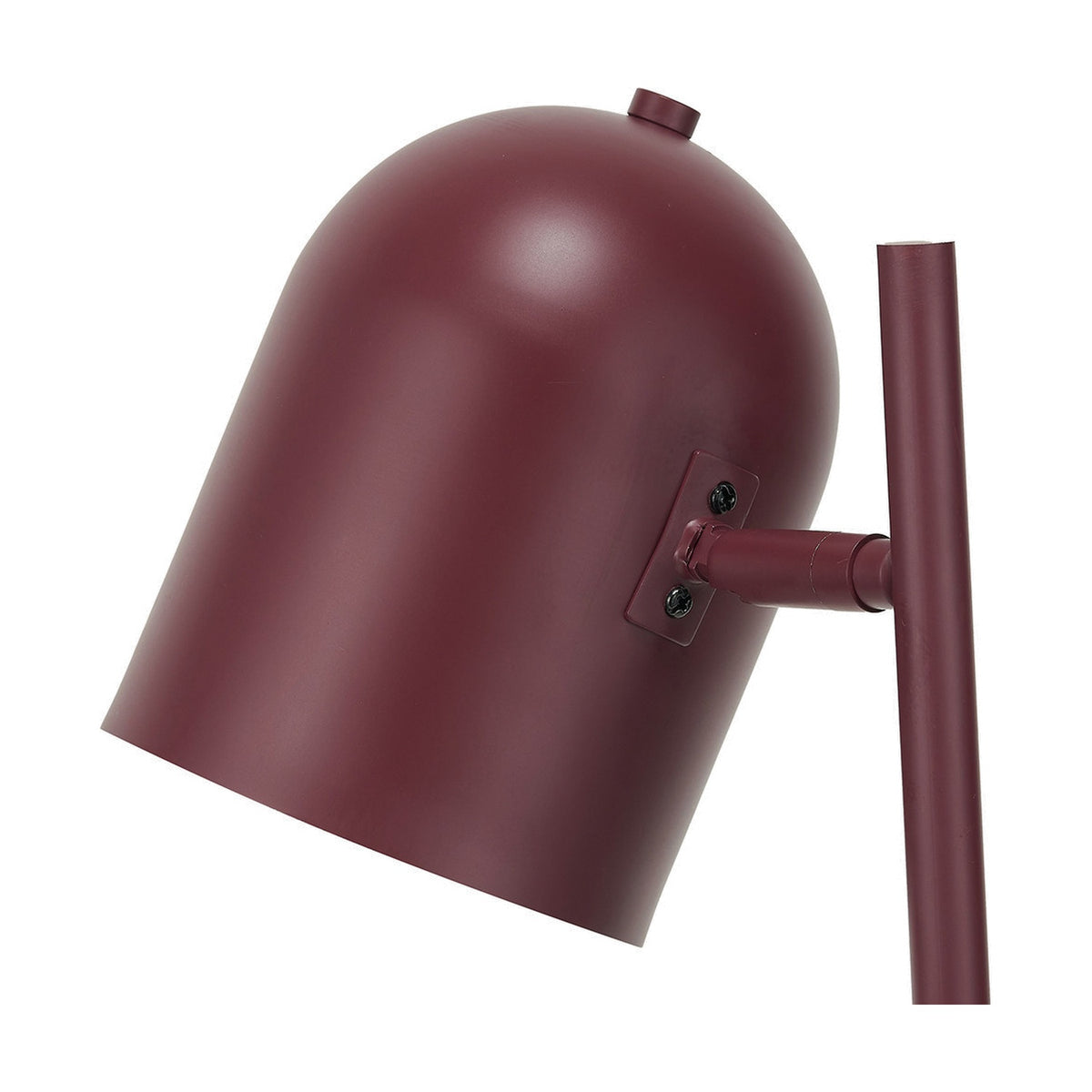 Close-up of the Finn Mulberry Red Metal Cloche Headed Table Lamp showing the dome-shaped shade, metal bracket, and screw fittings against a white background.