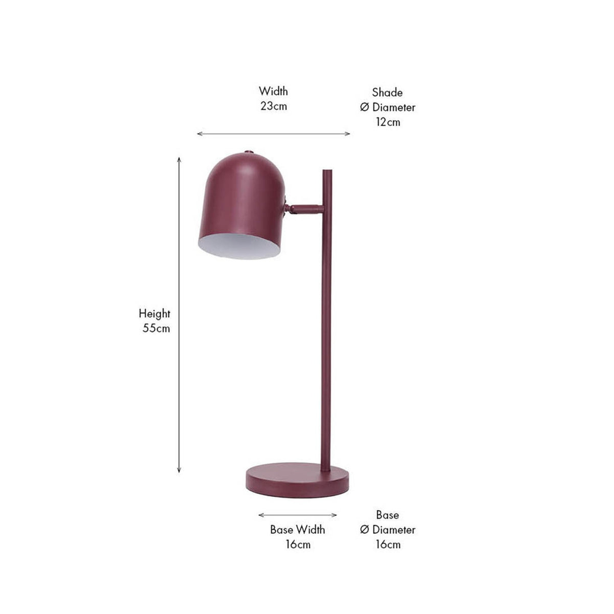 Finn Mulberry Red Metal Cloche Headed Table Lamp, 55cm, with dome-shaped shade on a slim stem and round base, shown with dimension labels on a white background.