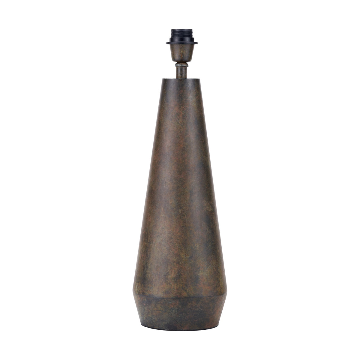 Arbor Verdi Gris conical table lamp base, 53cm steel construction with mottled bronze-green finish and black bulb holder, shown on a plain white background.