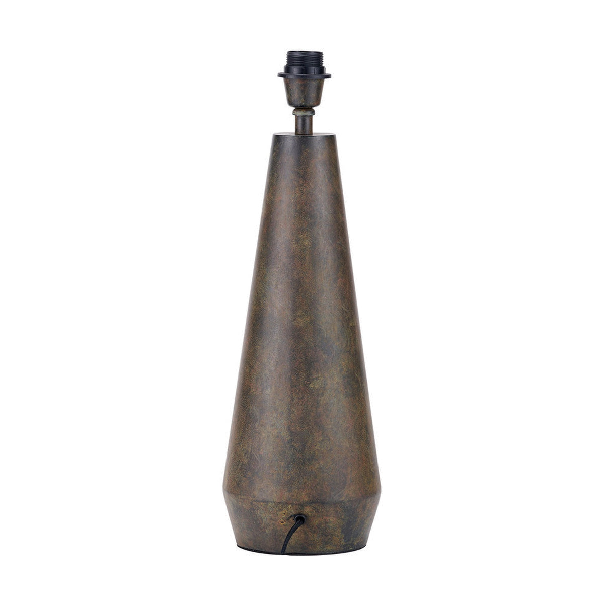 Arbor Verdi Gris Metal Conical Table Lamp Base, 53cm, in weathered bronze-tone steel with tapered cone shape and E27 lamp holder, shown on a plain white background.
