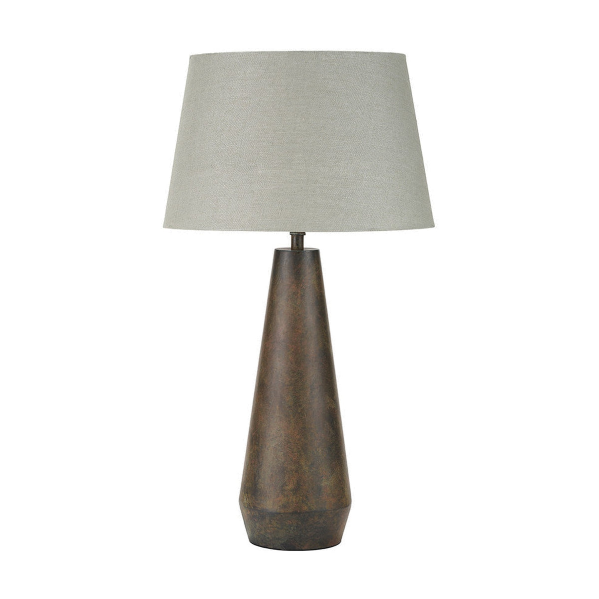 Arbor Verdi Gris Metal Conical Table Lamp, 53cm, with tapered steel base in a mottled brown-green finish and a light grey fabric tapered shade, on a plain white background.