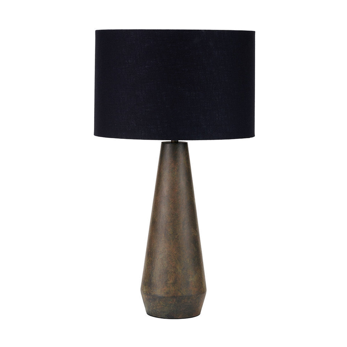 Arbor Verdi Gris Metal Conical Table Lamp Base, 53cm tall, with tapered steel column and black drum shade, shown on a plain white background.