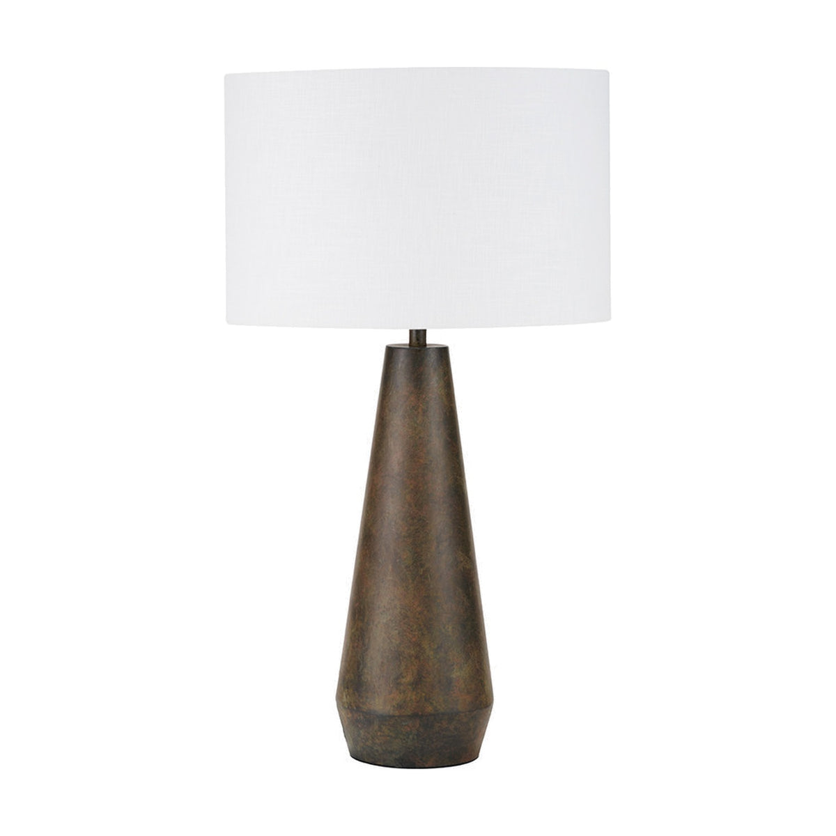 Arbor Verdi Gris Metal Conical Table Lamp, 53cm, with tapered steel base in a weathered verdi gris finish and white drum shade, shown on a plain white background.