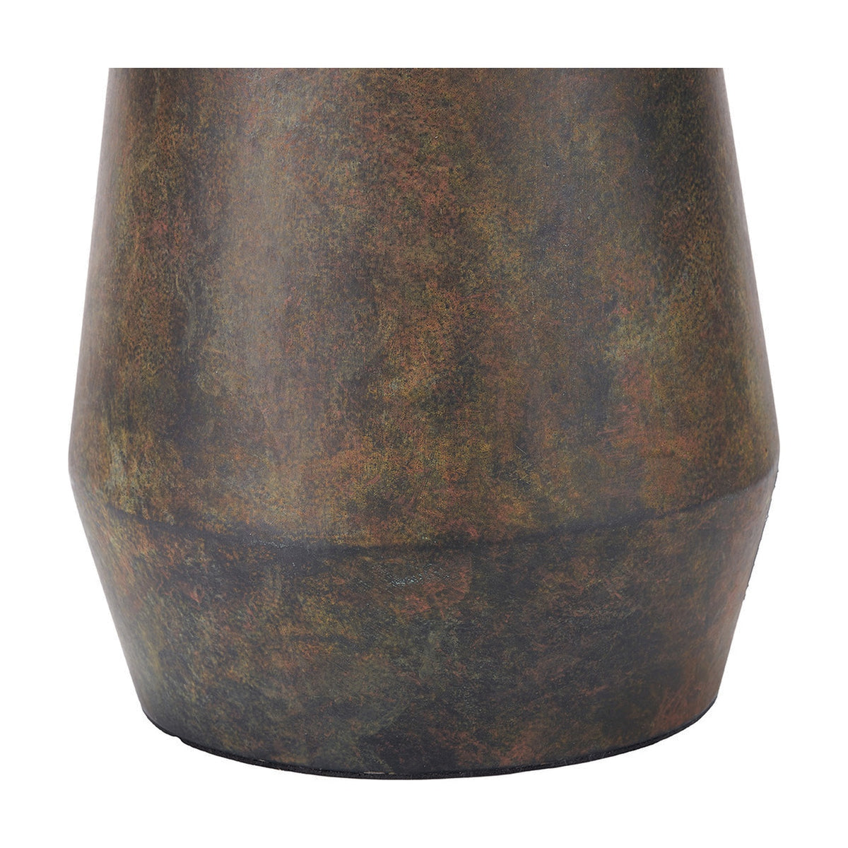 Close-up of the Arbor Verdi Gris Metal Conical Table Lamp Base, showing the tapered steel body with a mottled green-brown verdi gris finish on a plain white background.