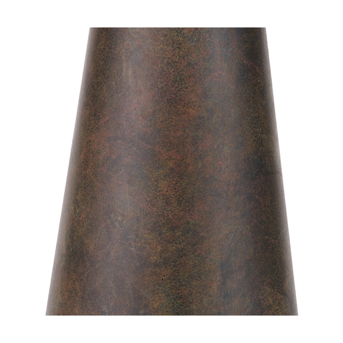 Close-up of the Arbor Verdi Gris conical table lamp base, showing its steel construction with a mottled green-brown verdigris-effect finish.