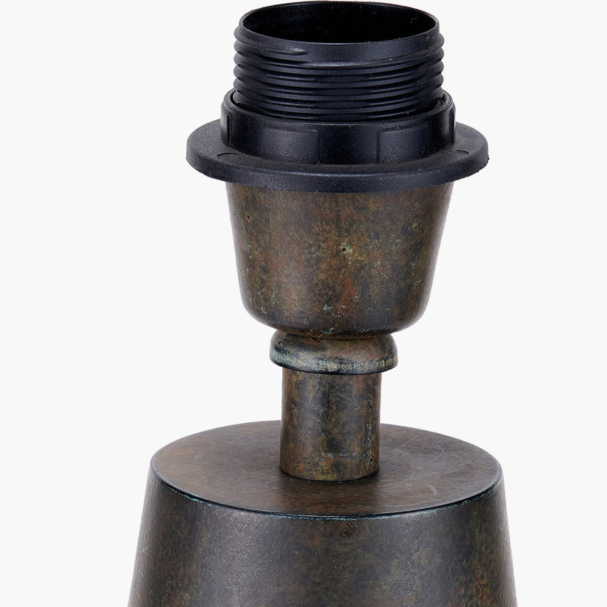Close-up of the Arbor Verdi Gris conical table lamp base in steel with a weathered green-brown finish, showing the black E27 bulb holder, on a plain white background.