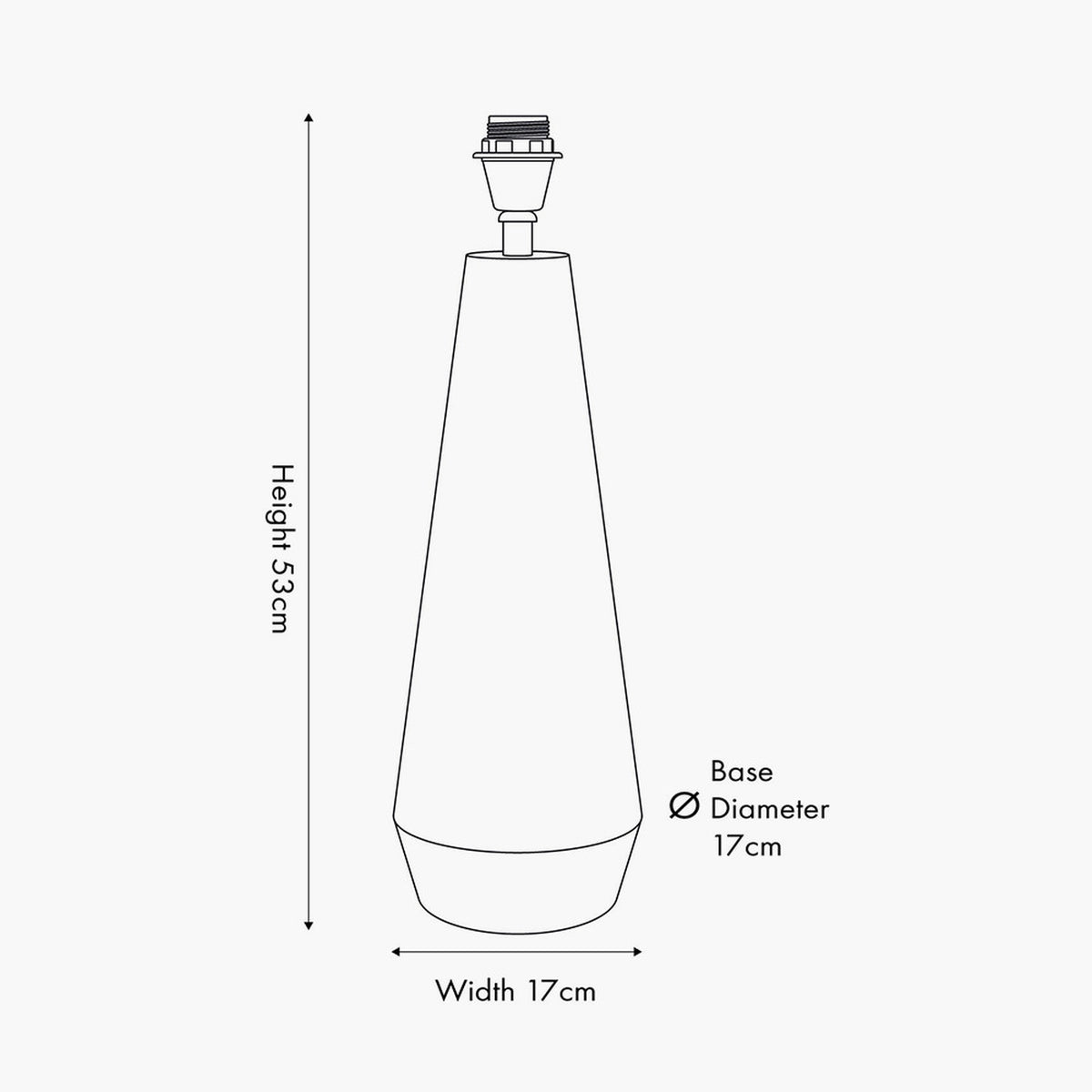 Arbor Verdi Gris Metal Conical Table Lamp Base, 53cm tall with 17cm base diameter, tapered steel body with brass-toned fitting, shown as a line diagram on a plain background.