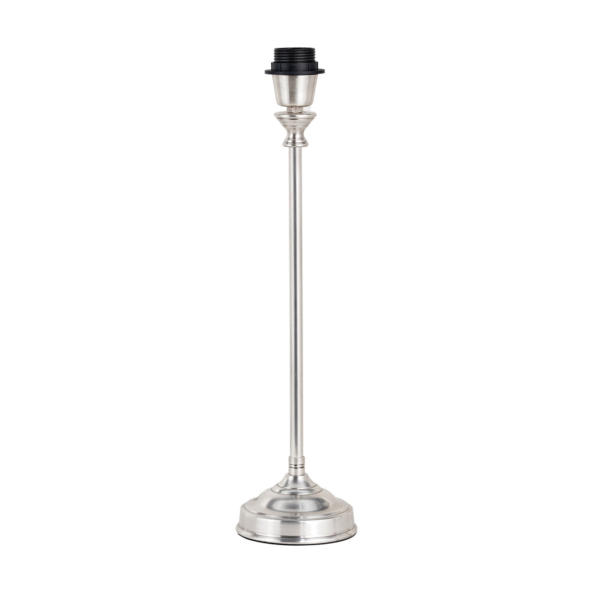 Auden Silver Metal Stick Table Lamp Base, 46cm, with slender steel column, circular foot, and black bulb holder, shown against a plain white background.