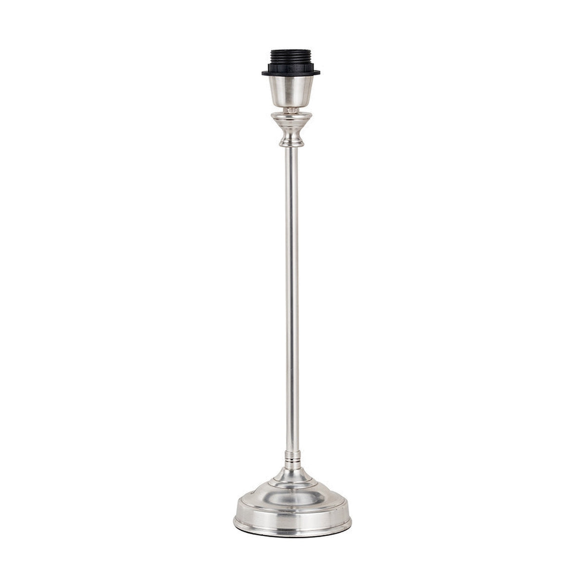 Auden Silver Metal Stick Table Lamp Base, 46cm tall, slender steel column on a round stepped base with black bulb holder, shown on a plain white background.