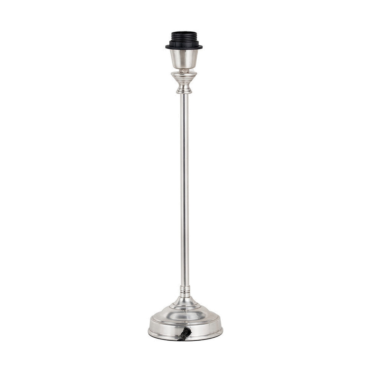 Auden Silver Metal Stick Table Lamp Base, 46cm, slim steel stick stem with round stepped base and black bulb socket, on a plain white background.