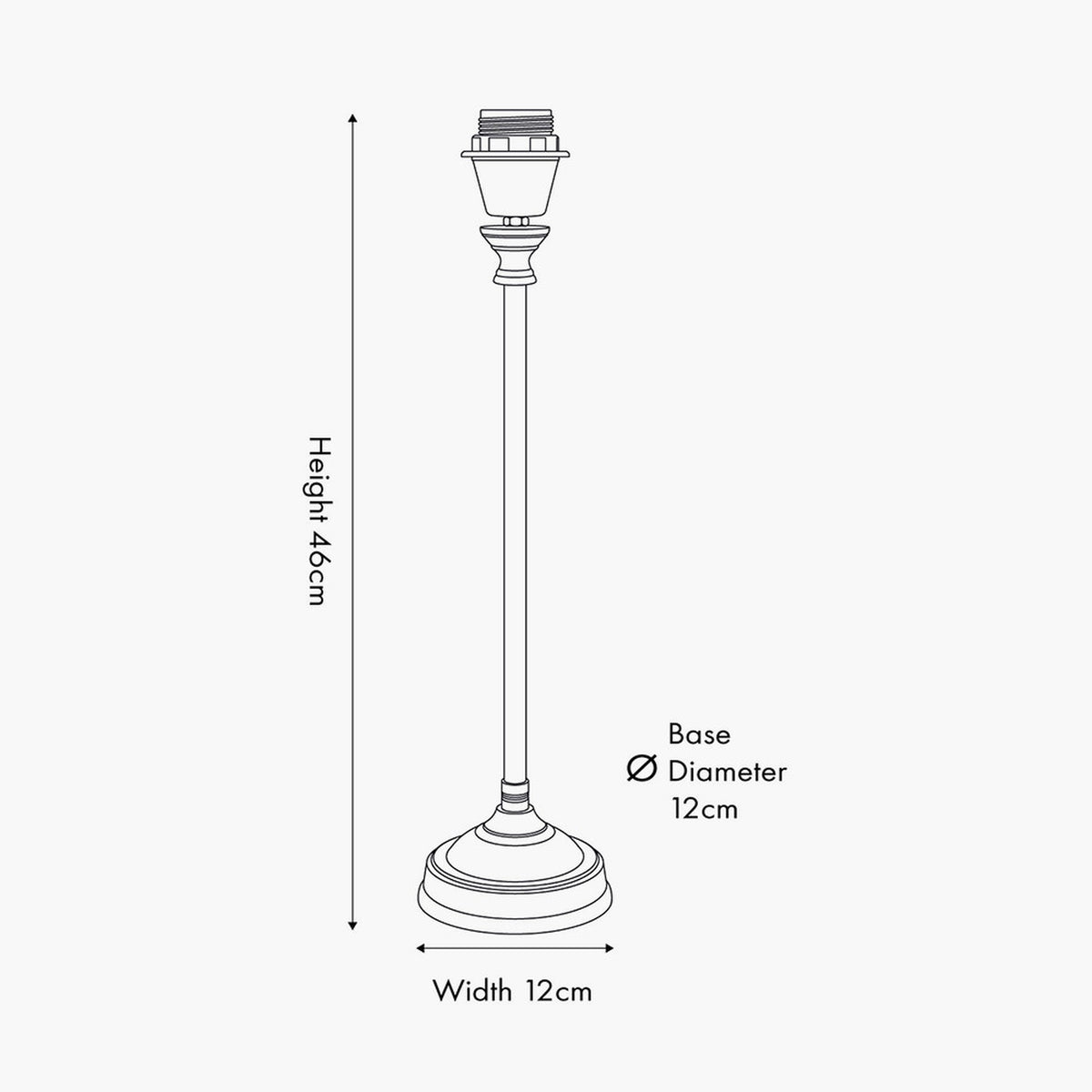 Line drawing of the Auden Silver Metal Stick Table Lamp Base, 46cm tall with 12cm round base, shown with height and width dimensions on a plain background.