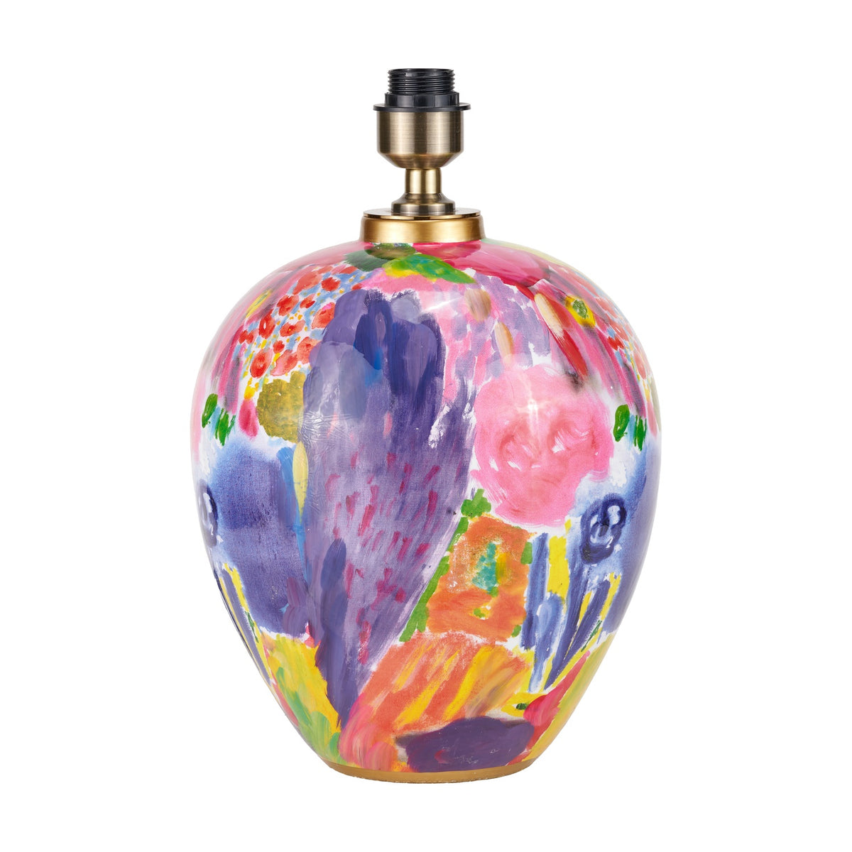Matisse Multi Colour Ceramic Urn Table Lamp Base - 42cm, a rounded lamp with abstract pink, purple, and yellow floral brushwork and an antique brass bulb holder.