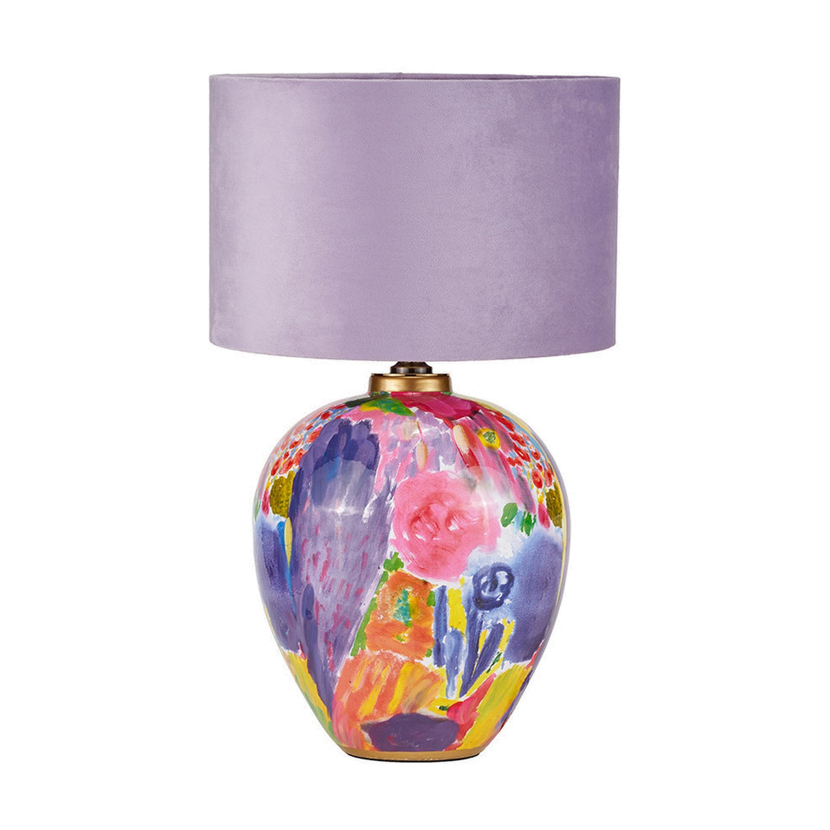 Matisse table lamp with a multicolour floral hand-painted ceramic urn base and a lilac velvet drum shade, shown on a plain white background.