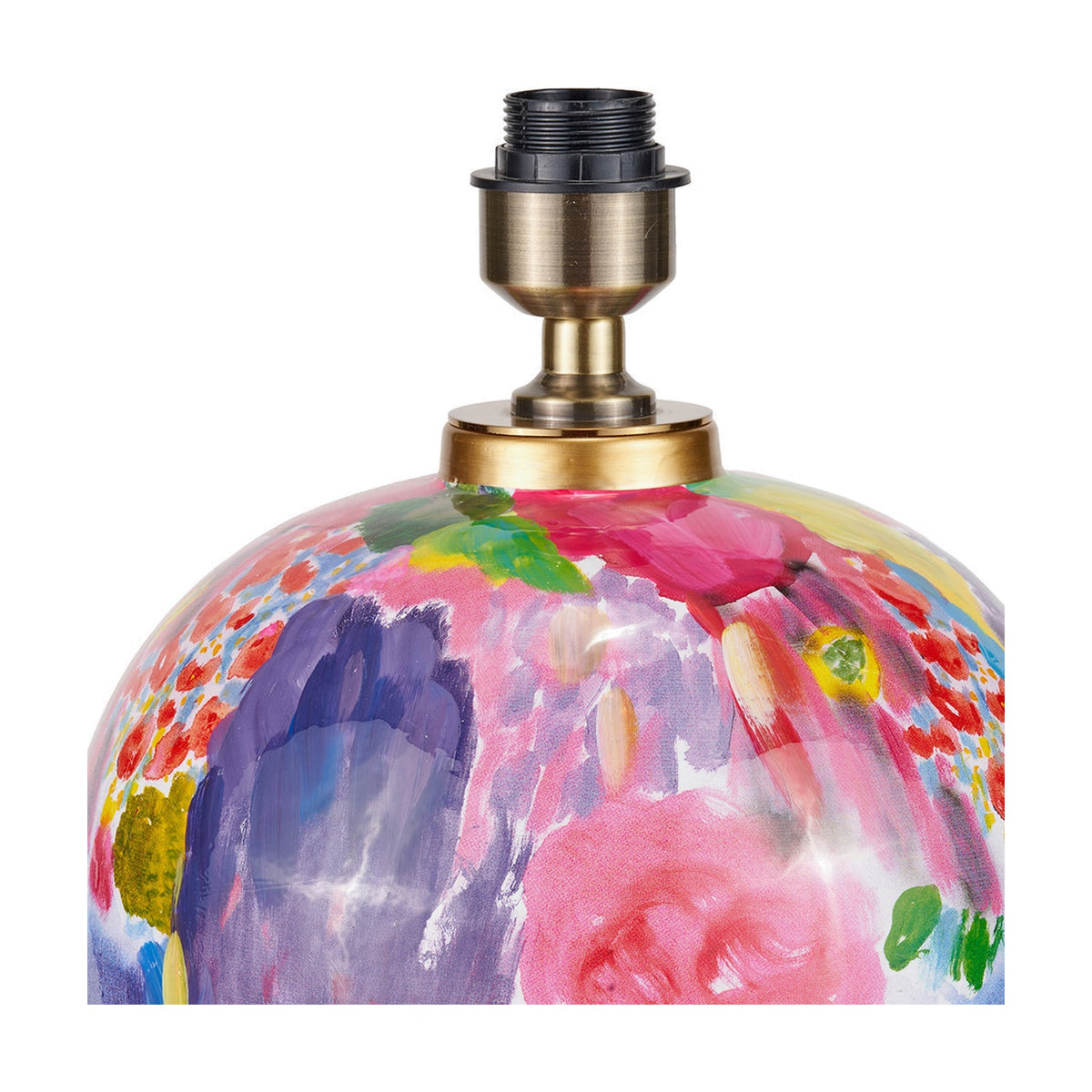 Close-up of the Matisse ceramic table lamp base, 42cm, showing the antique brass E27 lampholder atop a multicolour floral urn body, on a white background.