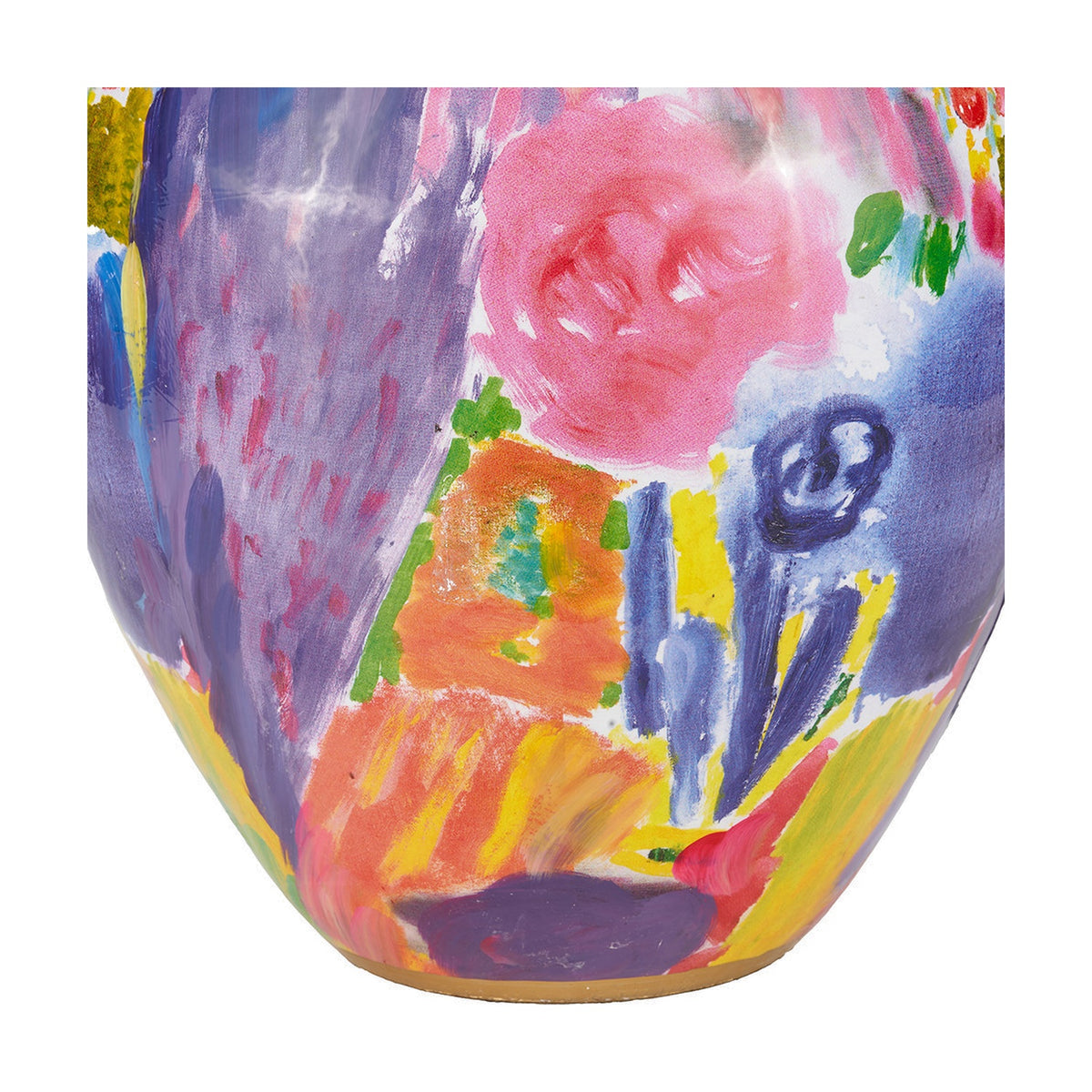 Close-up of the Matisse 42cm ceramic table lamp base, showing a hand-painted multi-colour glaze with pink, purple, orange, and yellow abstract brushwork.