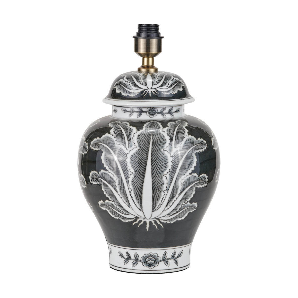 Black & White Feather Ceramic Urn Table Lamp Base Asteria, 48cm, with grey glazed body, floral leaf motif, brass fitting, on a plain white background.