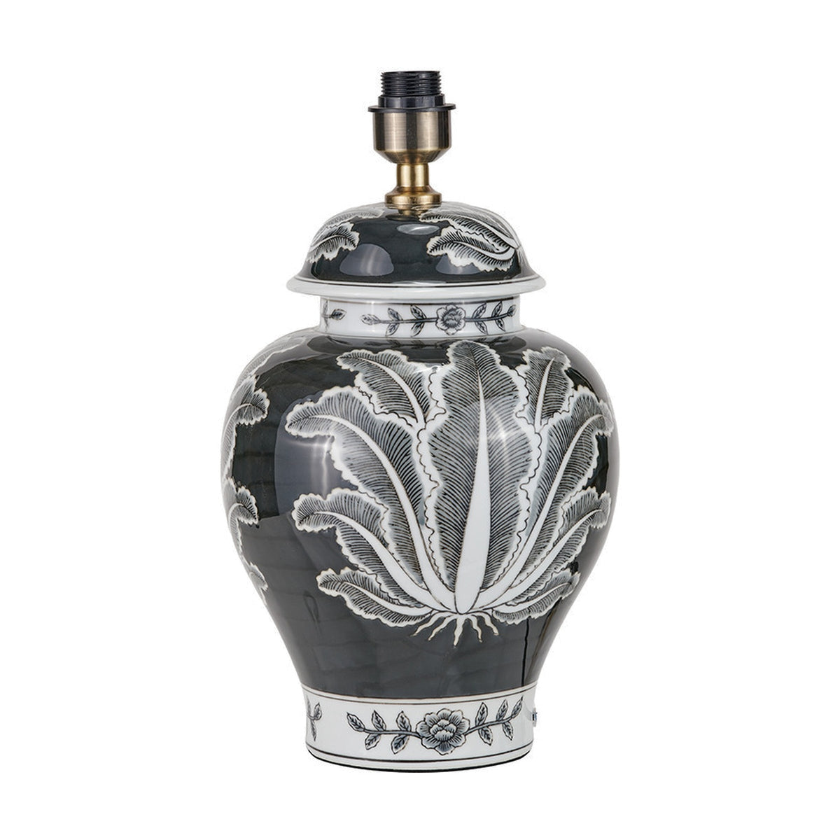 Black & White Feather Ceramic Urn table lamp base, 48cm, with brass fitting and lidded ginger jar shape, on a plain white background.
