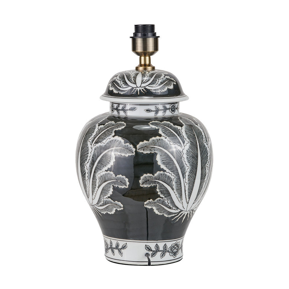 Ceramic urn-shaped table lamp base, Asteria 48cm, with black and white feather leaf pattern and brass fitting, shown on a plain white background.