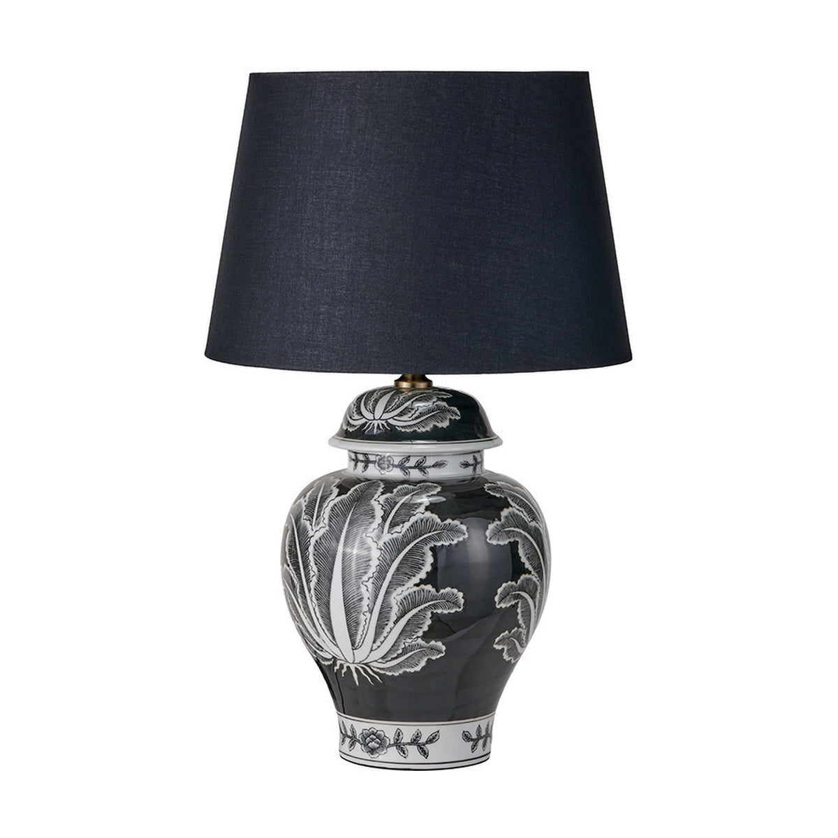 Black & White Feather Ceramic Urn Table Lamp Base with a tapered black fabric shade, glazed ginger jar body and floral leaf motif, shown on a plain white background.