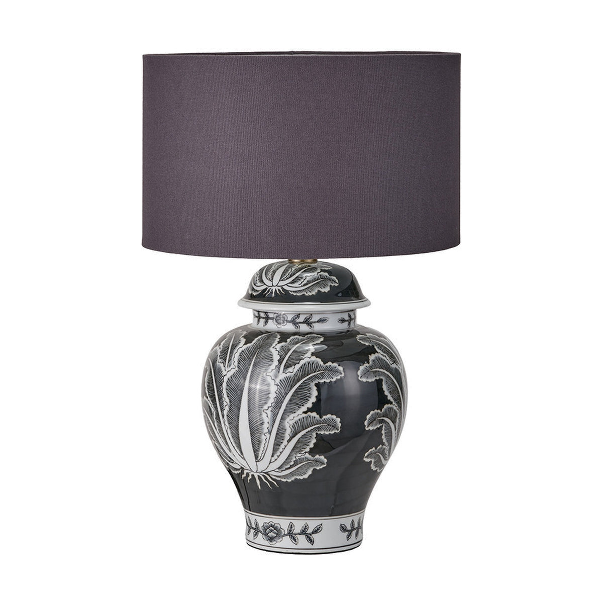 Black & White Feather Ceramic Urn Table Lamp Base Asteria, 48cm, with black and white leaf-patterned glazed ceramic body and dark grey drum shade, on a plain white background.