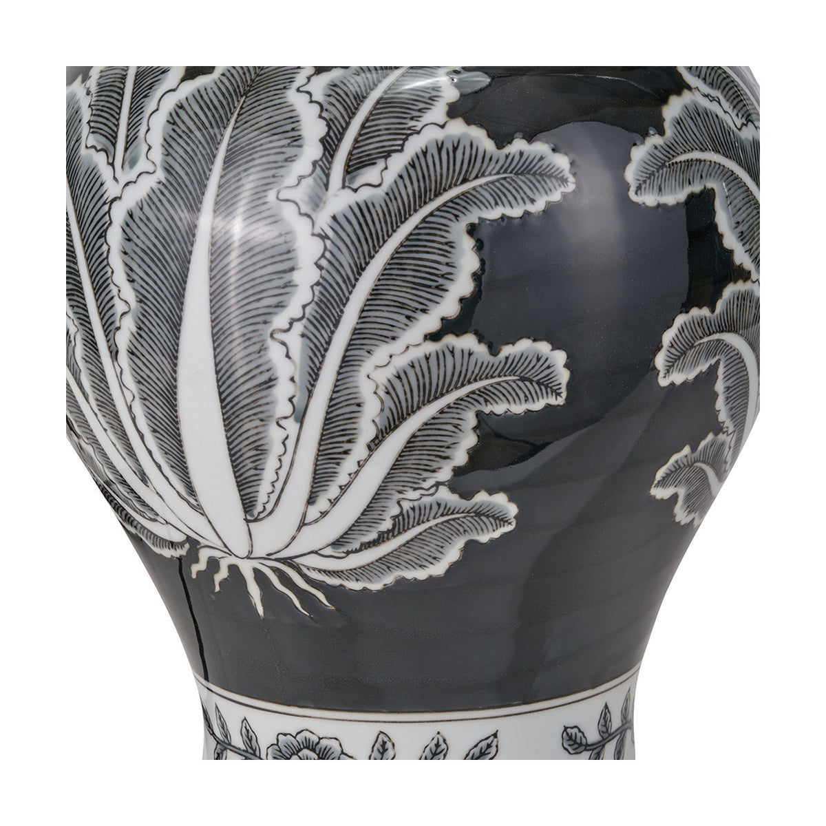 Close-up of the Black & White Feather Ceramic Urn Table Lamp Base Asteria, showing the glazed ceramic body with hand-painted feather leaf detailing in black and white.