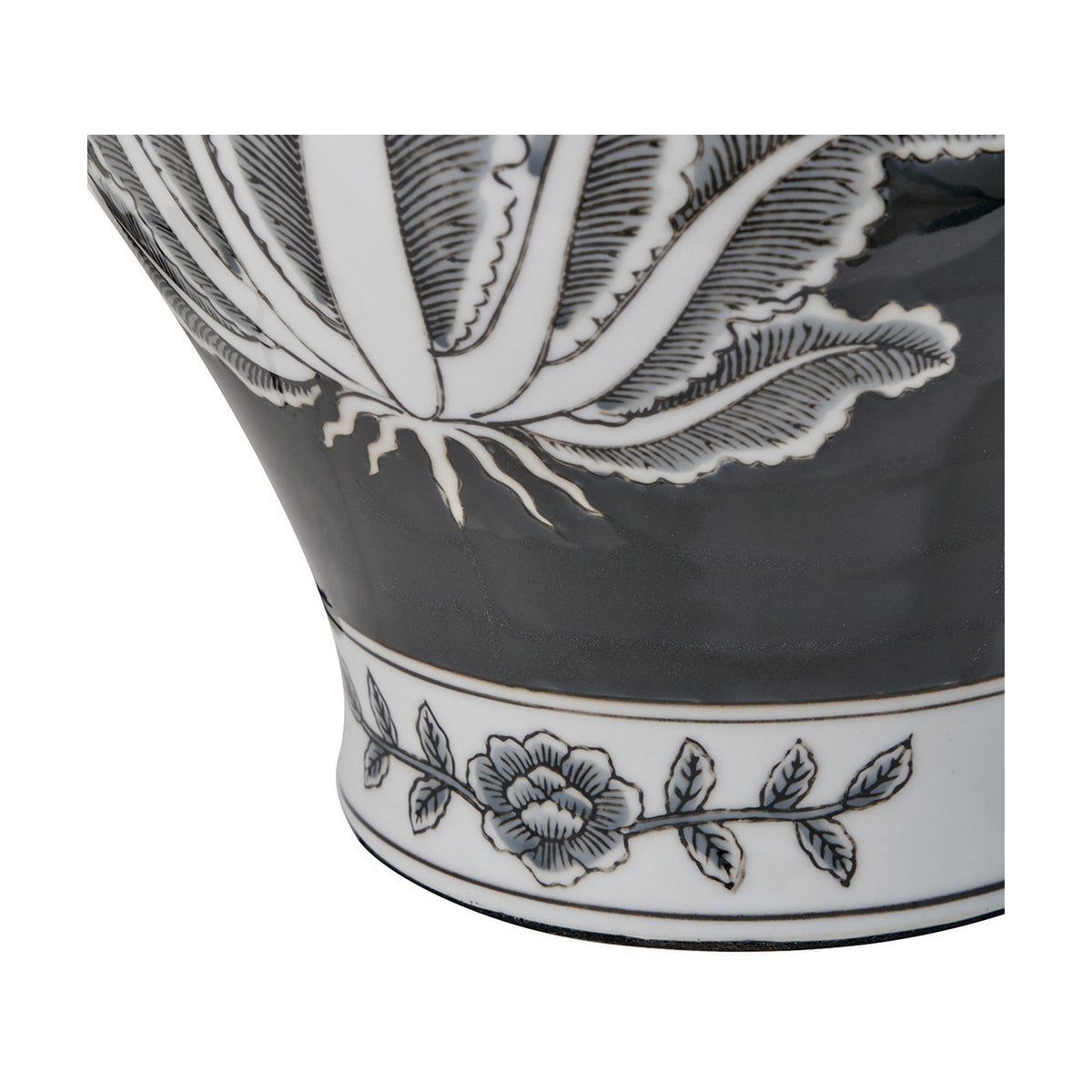 Close-up of the Black & White Feather Ceramic Urn Table Lamp Base Asteria, showing a hand-drawn leaf motif on a grey ground above a floral band and flared white foot.