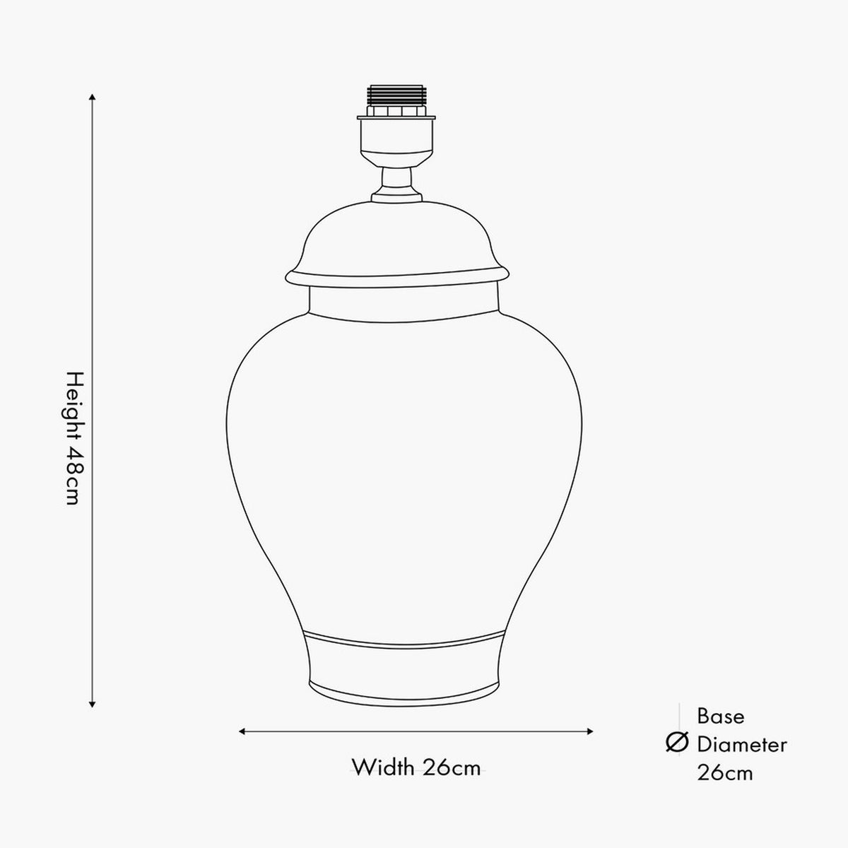 Line drawing of the Asteria ceramic urn table lamp base, 48cm tall with 26cm width and base diameter, showing bulb fitting, dimensions labelled on a white background.