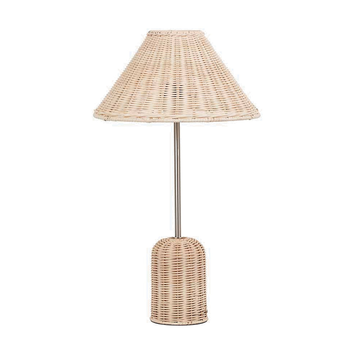 Hali Rattan Base & Shade Table Lamp, 53cm, with a woven conical rattan shade and cylindrical rattan base on a slim metal stem, brushed steel finish, set against a plain white background.