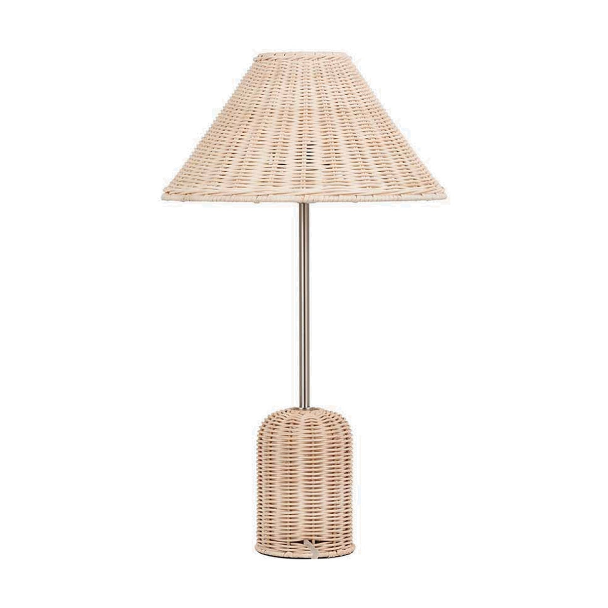 Hali rattan table lamp, 53cm, with a woven conical shade, cylindrical rattan base and slim brushed steel stem, shown on a plain white background.