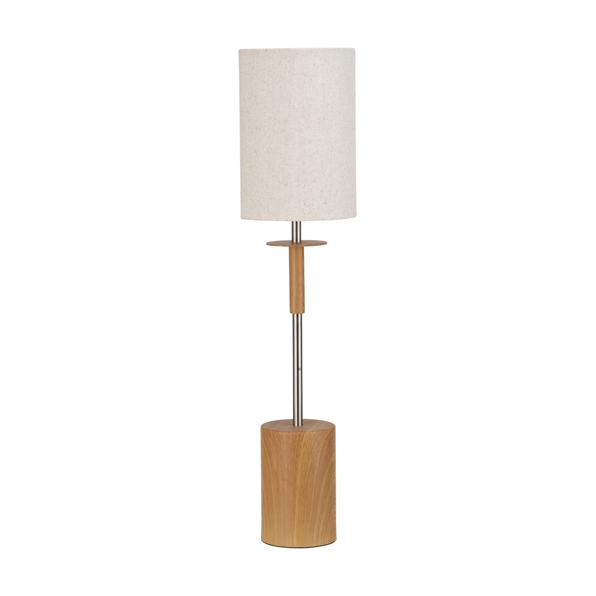 Bonham Wood Veneer & Silver Metal Table Lamp, 68cm, with cylindrical linen shade, wood veneer stem and base, and brushed silver metal rod, shown on a plain white background.