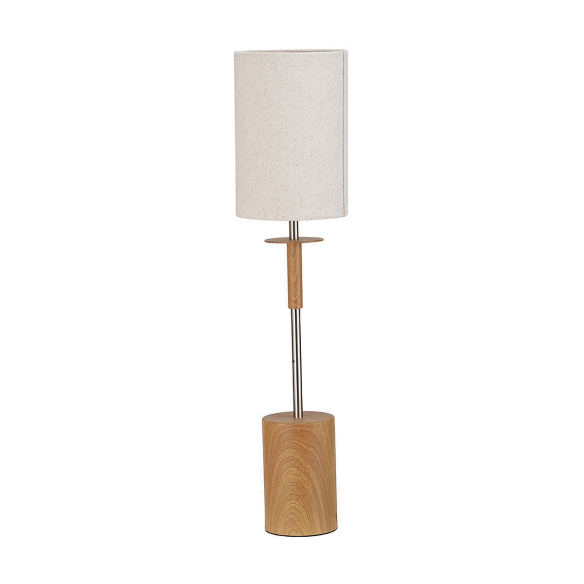 Bonham Table Lamp, 68cm, with a cylindrical wood veneer base, slim silver metal stem, and cream linen drum shade, shown on a plain white background.