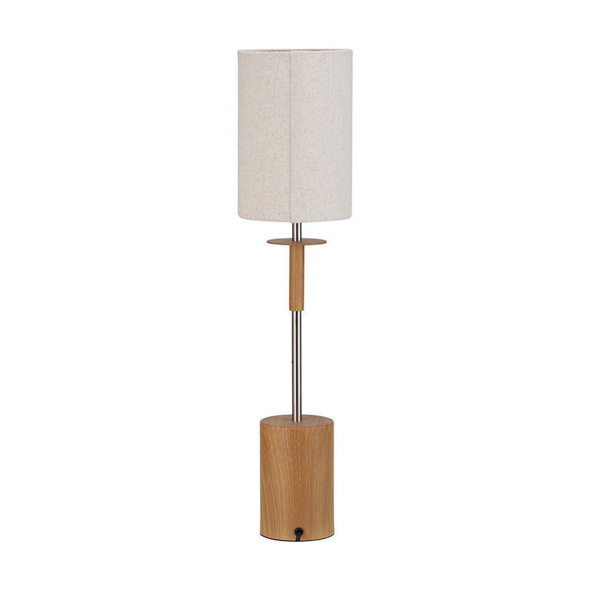 Bonham Wood Veneer & Silver Metal Table Lamp, 68cm, with a cylindrical linen shade, wood veneer base and stem, and slim metal support, shown on a plain white background.