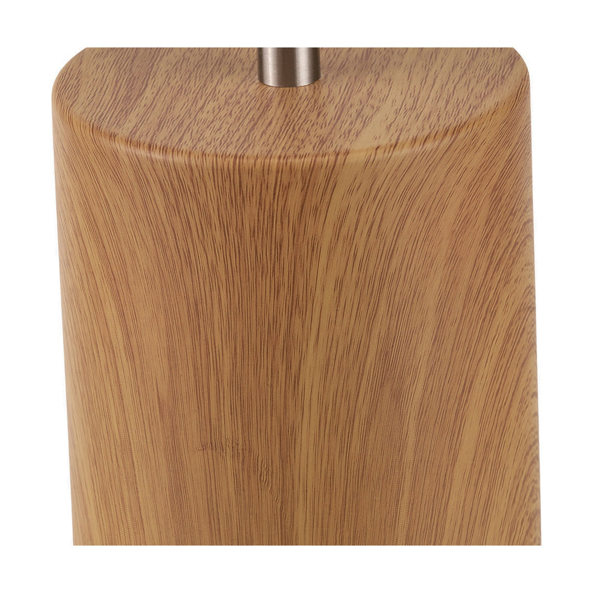 Close-up of the Bonham Table Lamp base showing natural wood veneer grain with a silver metal socket fitting, on a plain white background.