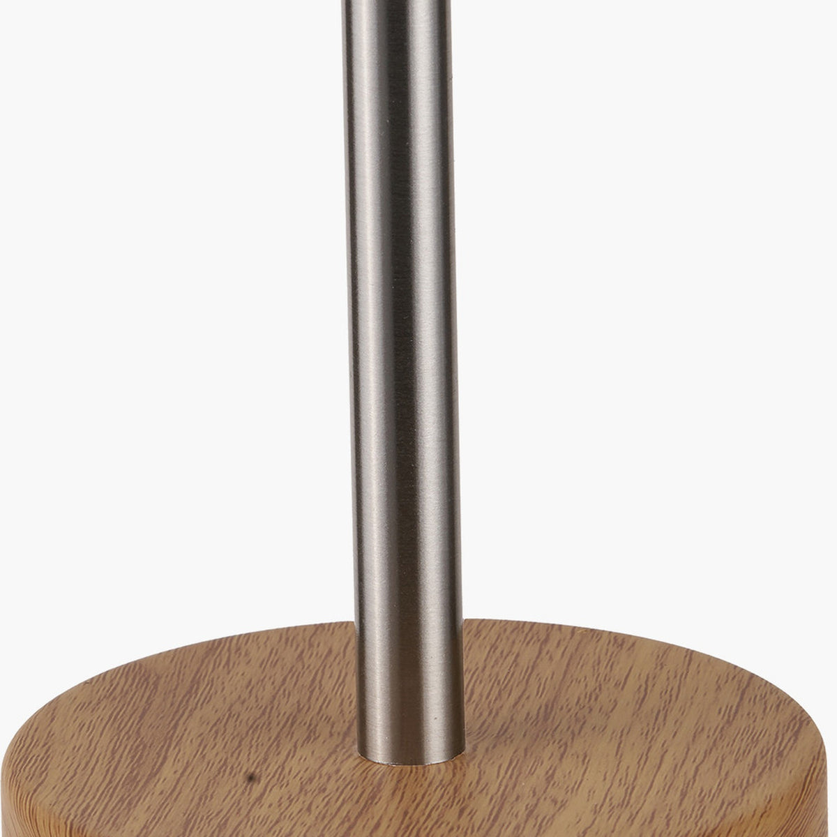 Close-up of the Bonham Table Lamp's brushed silver metal stem rising from a round wood veneer base, shown against a plain white background.