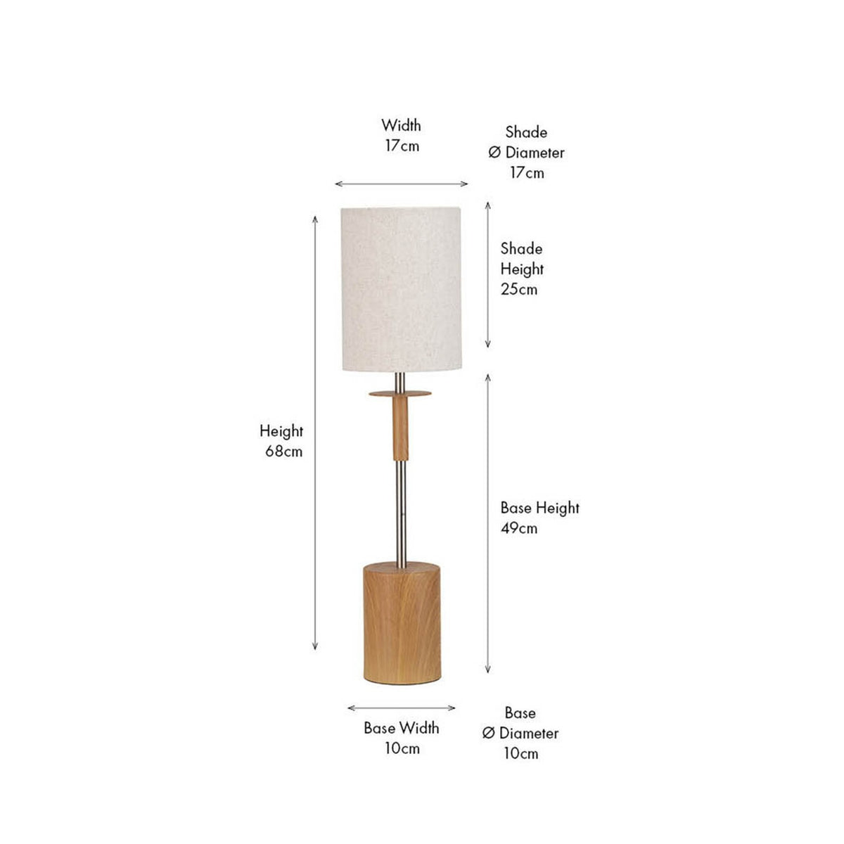 Bonham table lamp, 68cm, with cylindrical linen shade and wood veneer stem on a round base with silver metal support, shown on a dimension diagram with size labels.