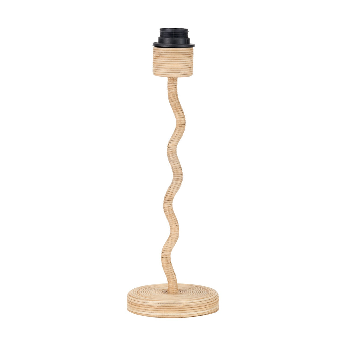 Palau Rattan Wave Table Lamp Base, 39cm, with a natural rattan wavy stem, round base, and black bulb holder, shown on a plain white background.