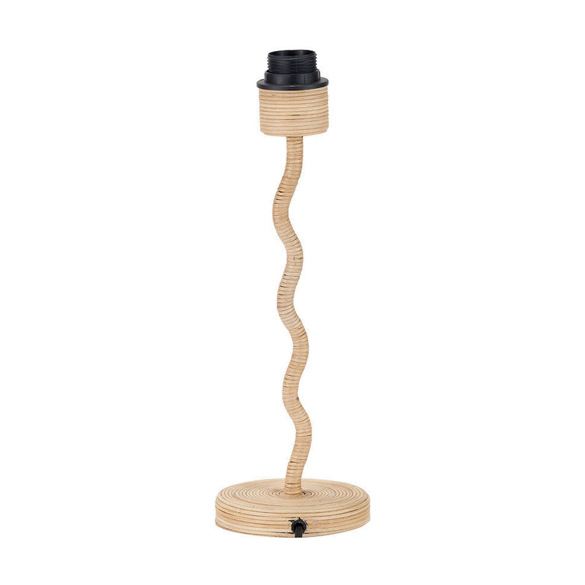 Palau Rattan Wave Table Lamp Base, 39cm, with a natural rattan wavy stem, round base, and black E27 bulb holder, shown on a plain white background.
