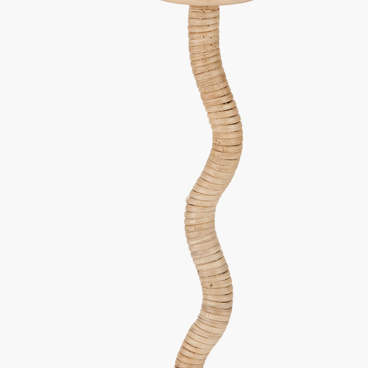 Palau Rattan Wave Table Lamp Base, 39cm, with a wavy woven natural rattan stem beneath a round wooden top, shown against a plain white background.