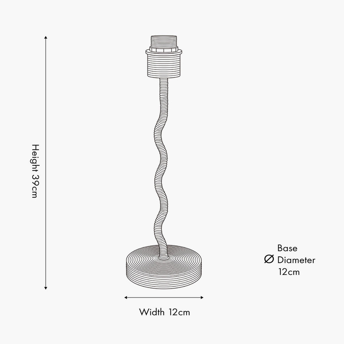 Palau Rattan Wave Table Lamp Base, 39cm tall with a wavy natural rattan stem and round base, shown as a line illustration with height and width measurements on a plain background.