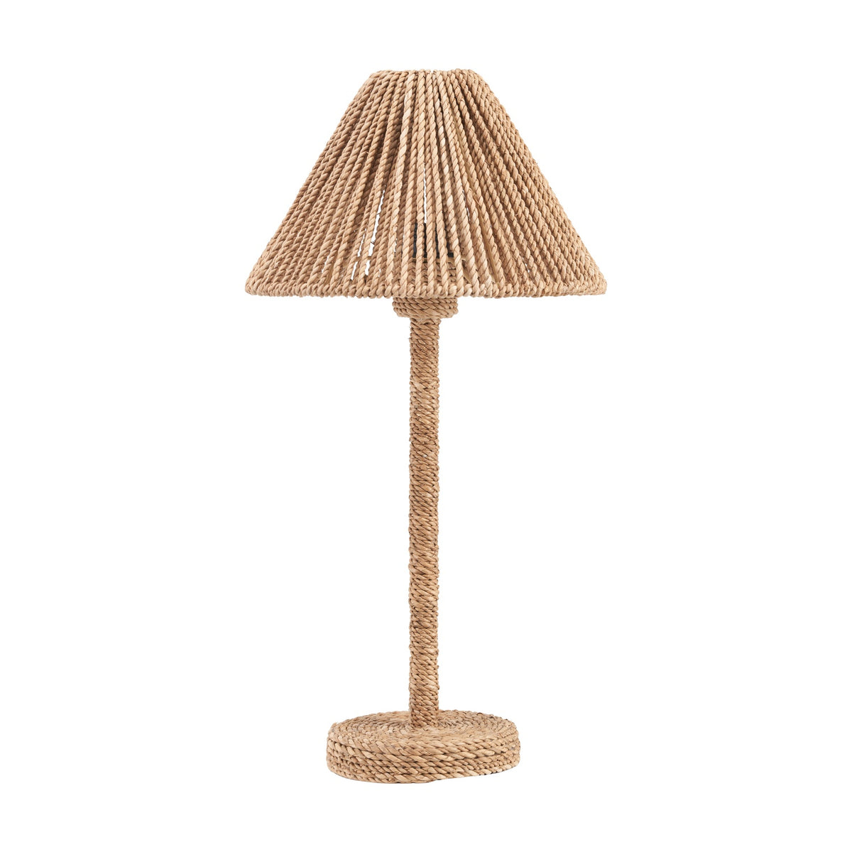 Leif Jute Rope Table Lamp, 46cm, with a woven rattan tapered shade and matching wrapped column base in natural brown, set on a plain white background.