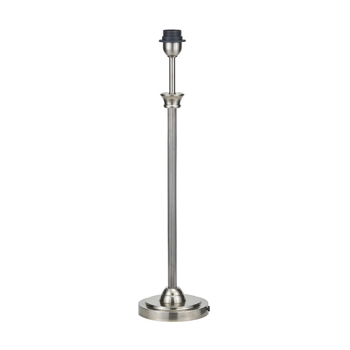 Salvatore table lamp base, 61.5cm tall, antique silver finish with fluted column and round base, empty bulb socket, on a plain white background.