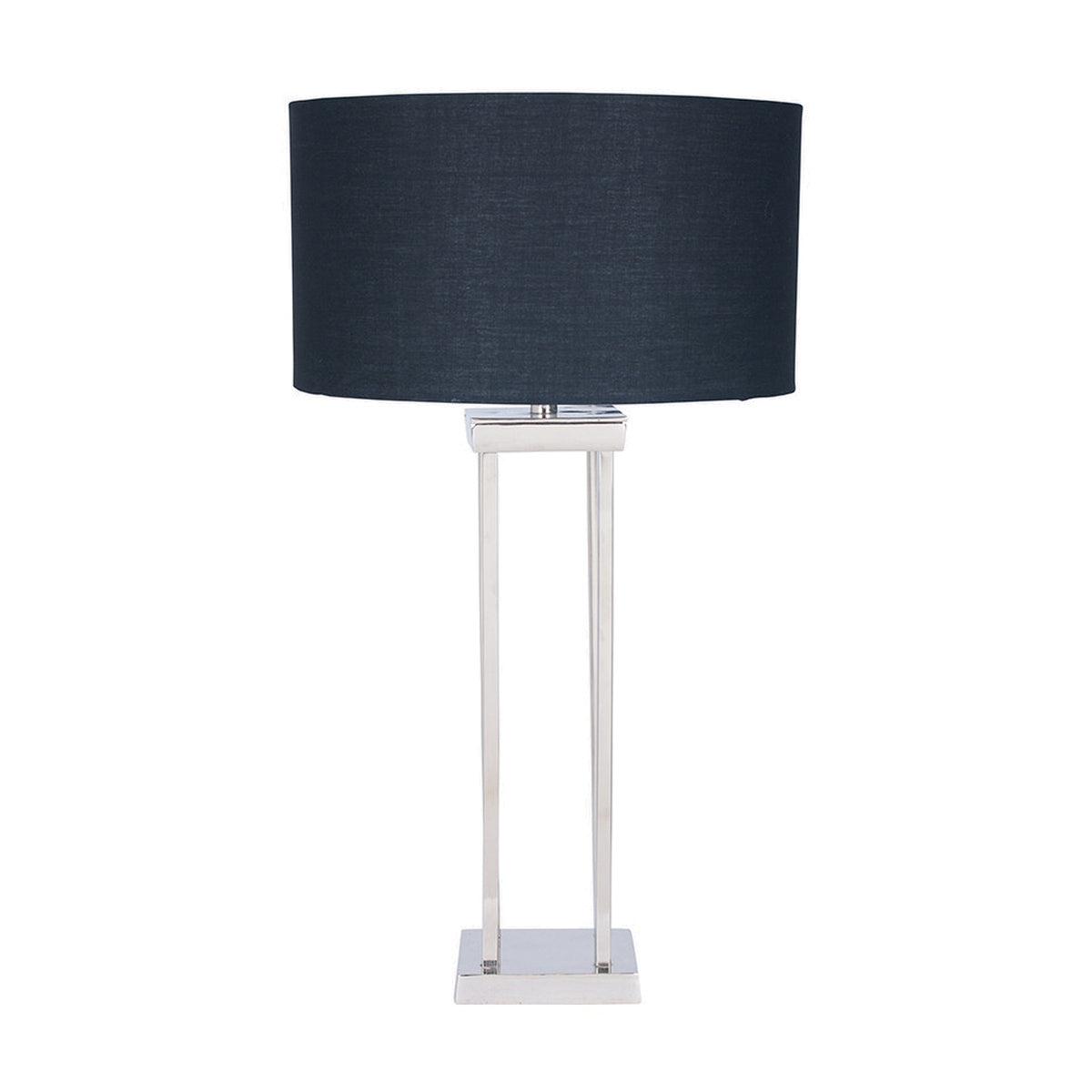 Langston Nickel Column Table Lamp, 64cm, with a square base and twin upright supports in polished nickel, paired with a dark navy drum shade, on a plain white background.