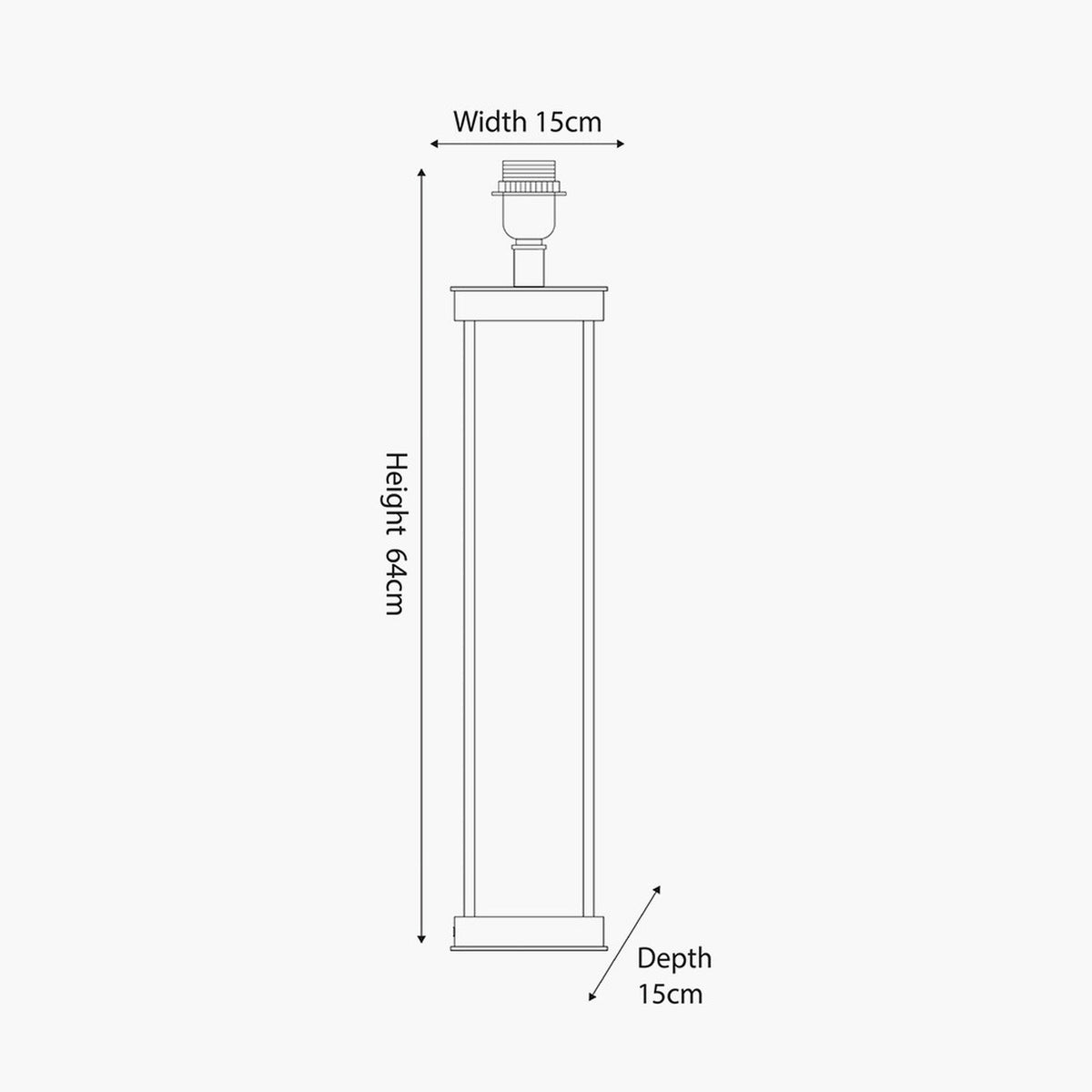 Langston Nickel Column Table Lamp Base, 64cm tall with slender square column and stepped base, shown as a technical line drawing with width, height and depth measurements on a plain background.