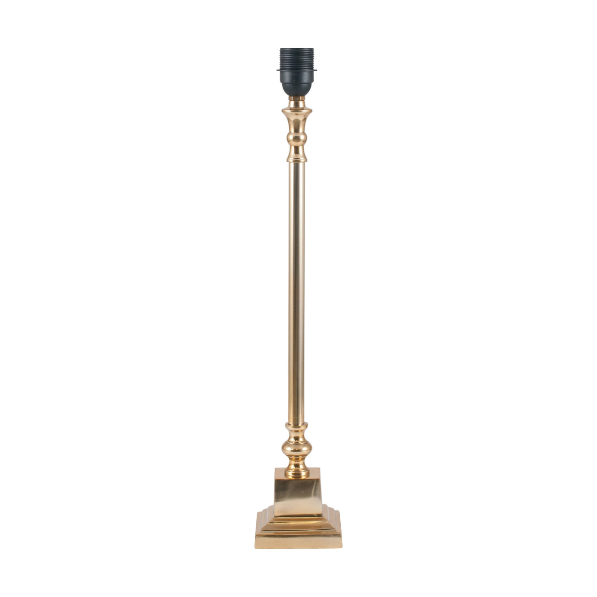 Claudius Gold Aluminium Stick Table Lamp Base, 57cm tall with a fluted column, urn-style detailing, and stepped square base, shown on a plain white background with black bulb holder exposed.