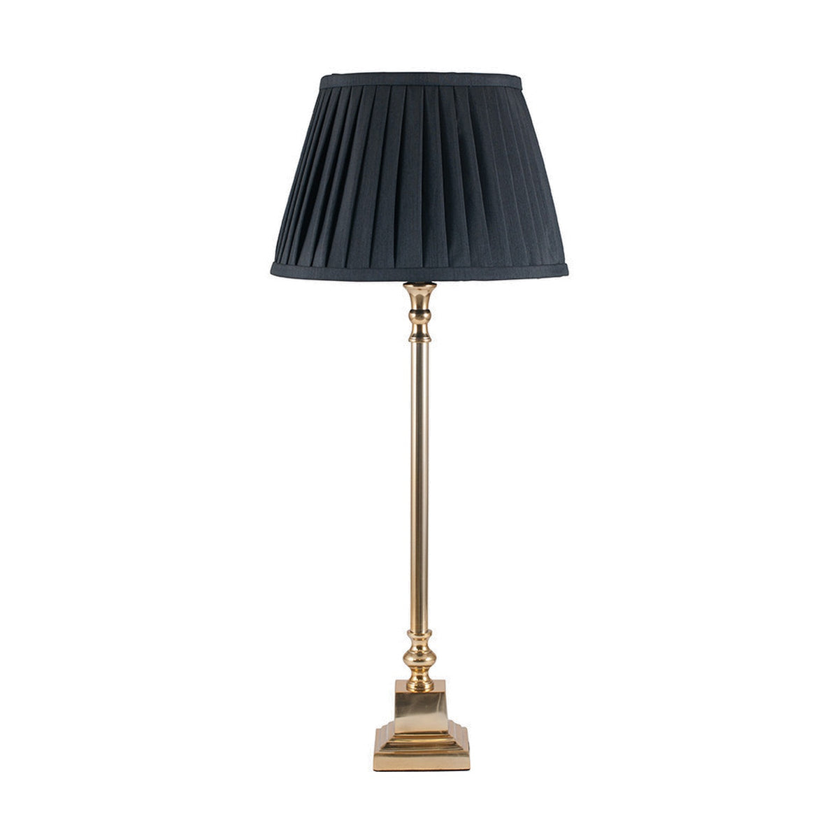 Claudius gold aluminium stick table lamp, 57cm, with square stepped base and pleated black fabric shade, shown on a plain white background.