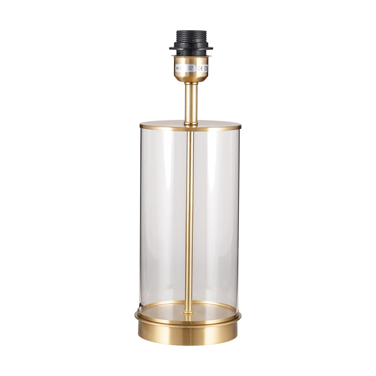 Westwood table lamp base with a cylindrical clear glass body, champagne metal rod and base, and black bulb holder, shown on a plain white background.