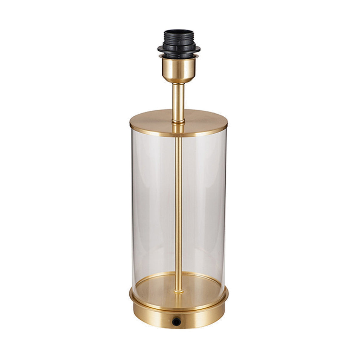 Westwood table lamp base, 39cm, with clear glass cylindrical body, champagne metal cap, base and stem, black bulb holder, shown on a plain white background.