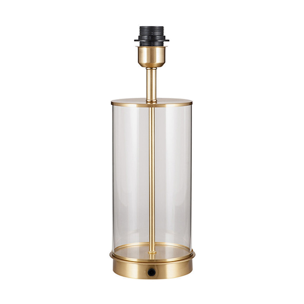 Westwood table lamp base, 39cm, with clear cylindrical glass body, champagne metal fittings and stem, black bulb holder, on a plain white background.
