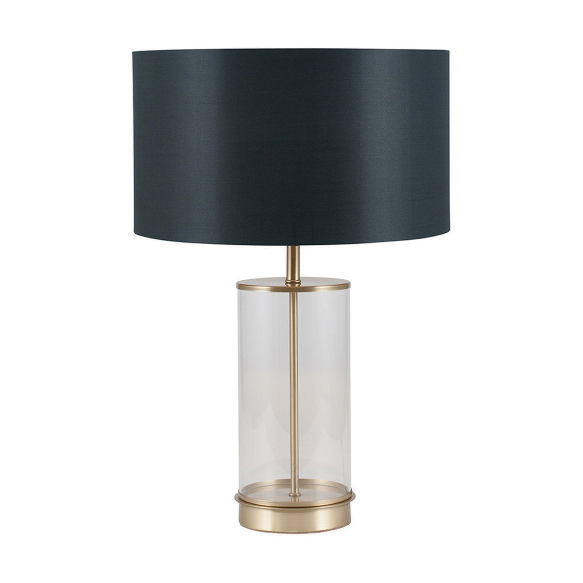 Westwood table lamp with a cylindrical clear glass base and champagne iron fittings, paired with a dark round drum shade, on a plain white background.
